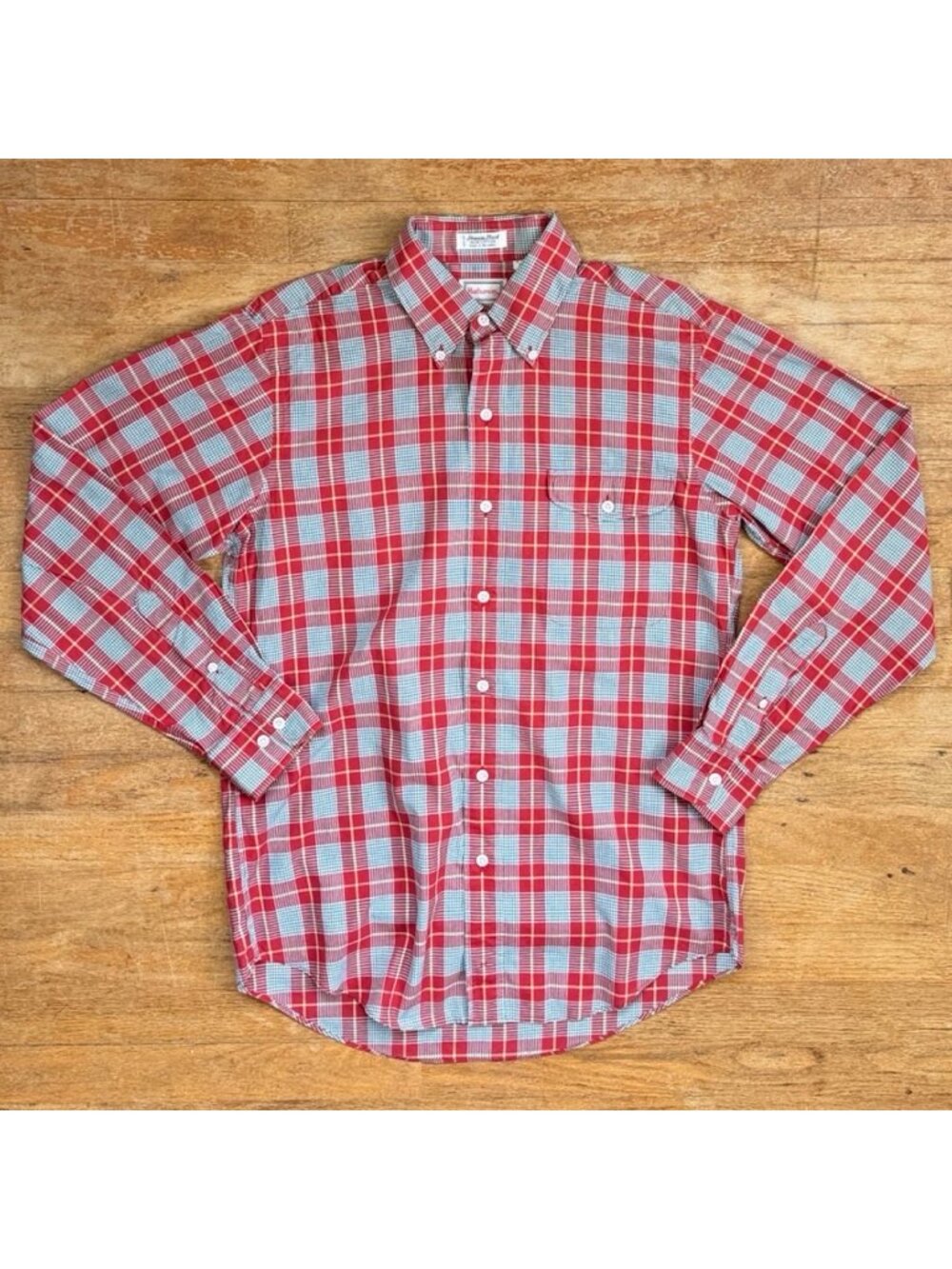 Vintage Mens 1970s Red Glen Plaid Shirt Size Small 100% Cotton Long Sleeve